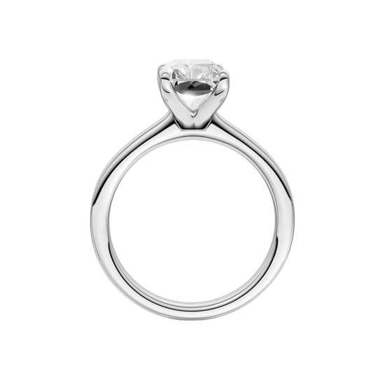 A profile view of the Radiant cut diamond engagement ring in platinum with a plain band and solitaire setting
