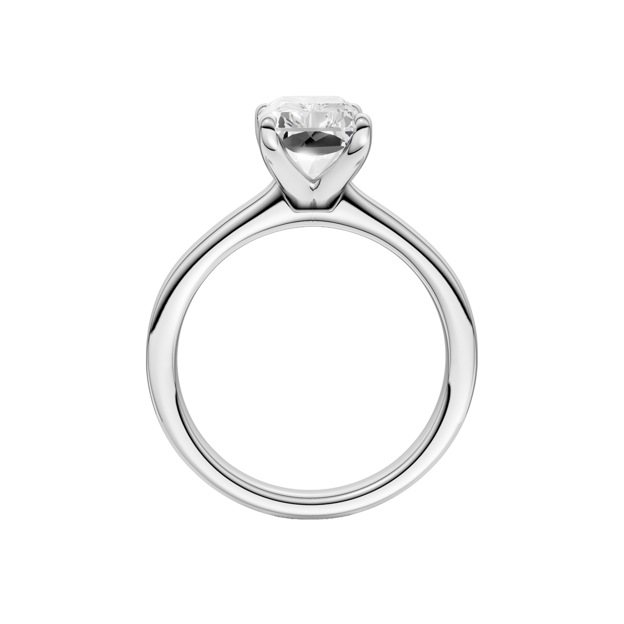 A profile view of the Radiant cut diamond engagement ring in platinum with a plain band and solitaire setting