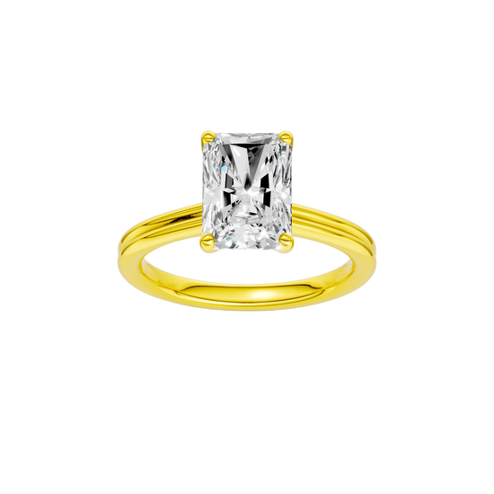 A front view of the Radiant cut diamond engagement ring in 14k yellow gold with a plain band and solitaire setting