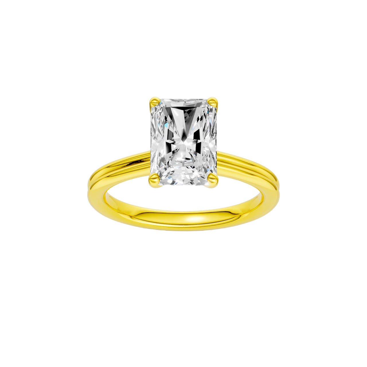 A front view of the Radiant cut diamond engagement ring in 14k yellow gold with a plain band and solitaire setting