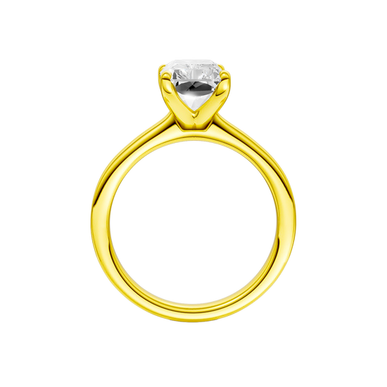 A profile view of the Radiant cut diamond engagement ring in 14k yellow gold with a plain band and solitaire setting