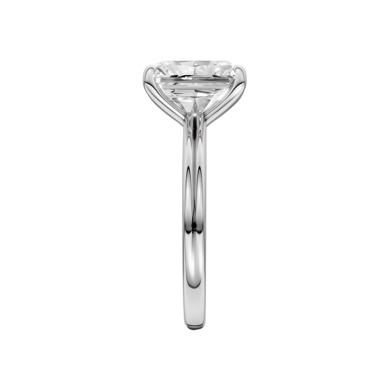 A side view of the Radiant cut diamond engagement ring in 14k white gold with a plain band and solitaire setting