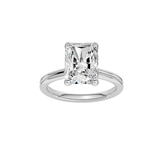 A front view of the Radiant cut diamond engagement ring in 14k white gold with a plain band and solitaire setting
