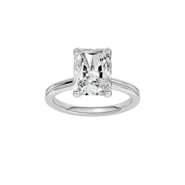 A front view of the Radiant cut diamond engagement ring in 14k white gold with a plain band and solitaire setting