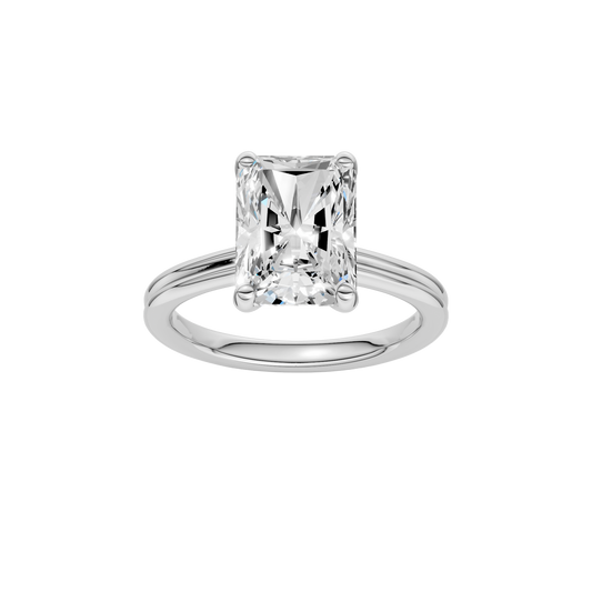 A front view of the Radiant cut diamond engagement ring in 14k white gold with a plain band and solitaire setting