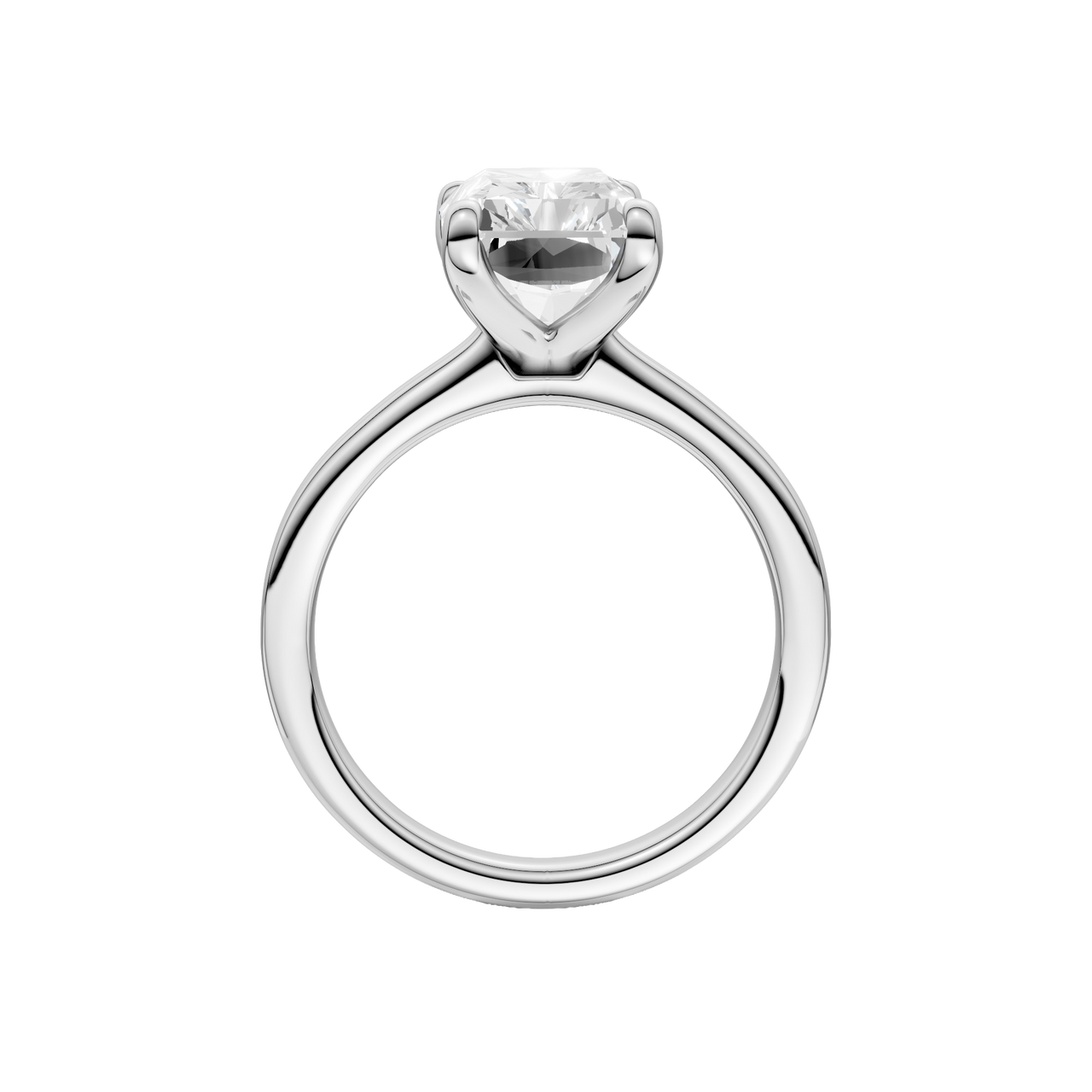 A profile view of the Radiant cut diamond engagement ring in 14k white gold with a plain band and solitaire setting