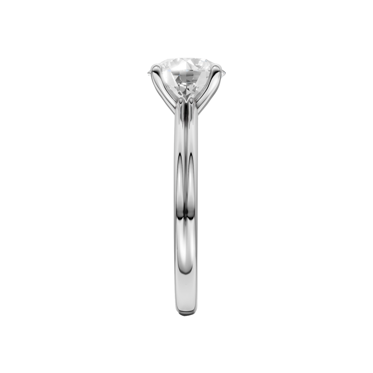 A side view of the Round cut diamond engagement ring in 14k white gold with a plain band and solitaire setting