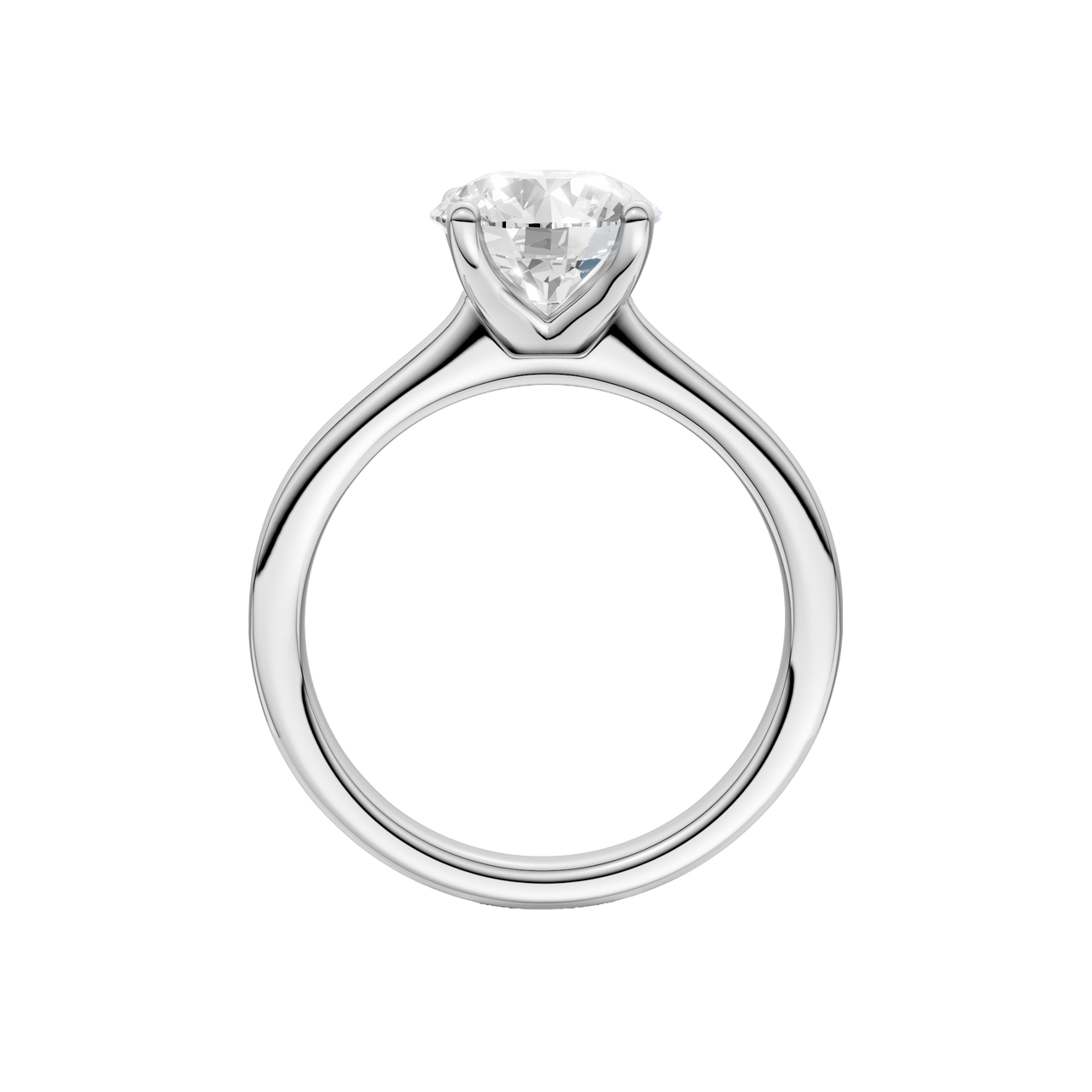 A profile view of the Round cut diamond engagement ring in 14k white gold with a plain band and solitaire setting