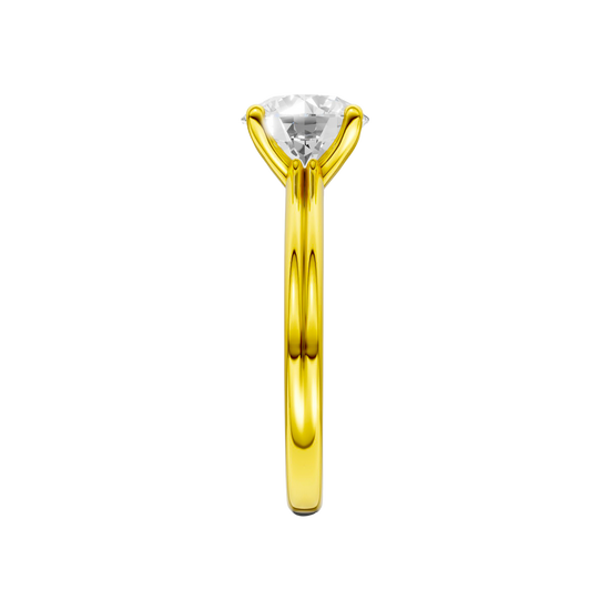 A side view of the Round cut diamond engagement ring in 14k yellow gold with a plain band and solitaire setting