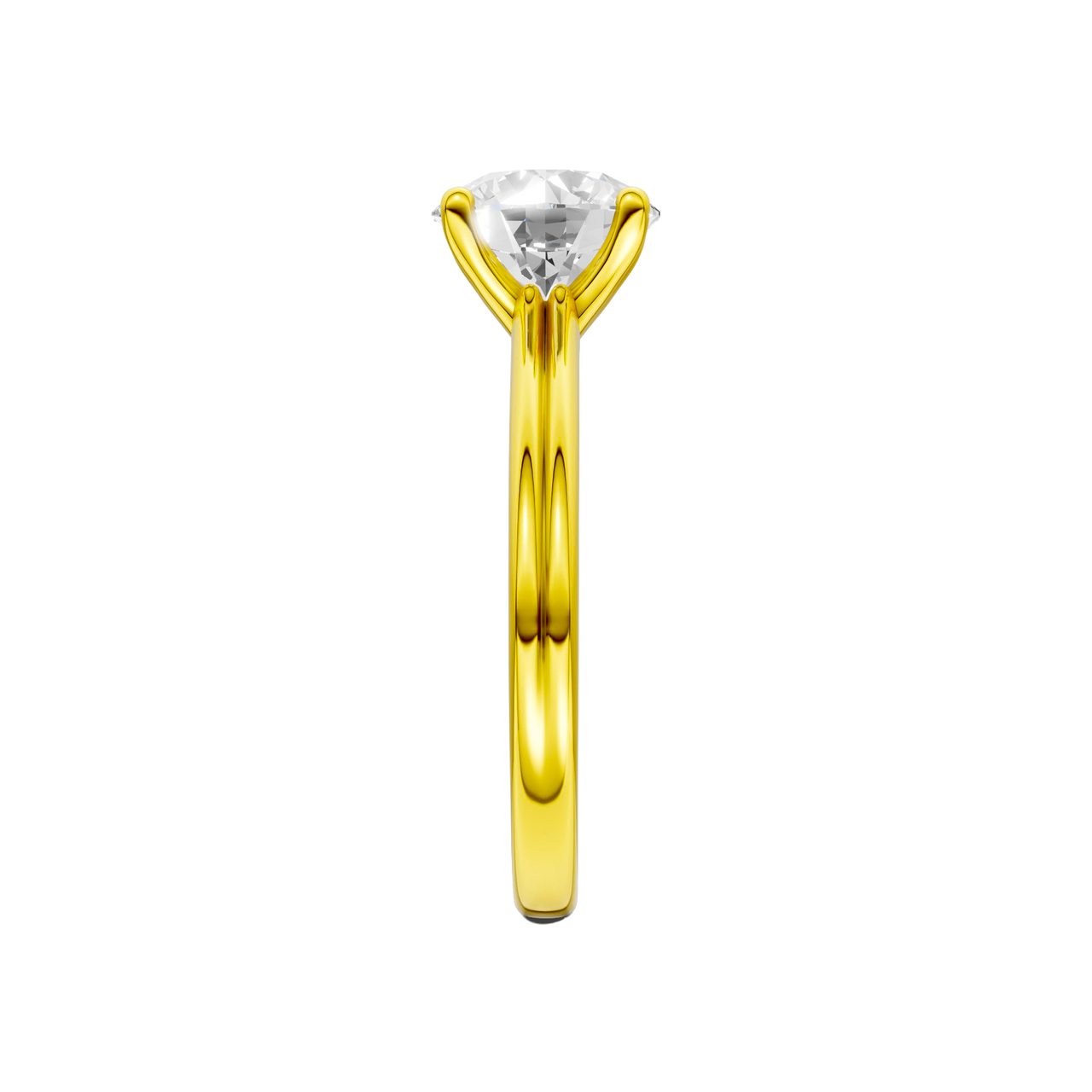 A side view of the Round cut diamond engagement ring in 14k yellow gold with a plain band and solitaire setting