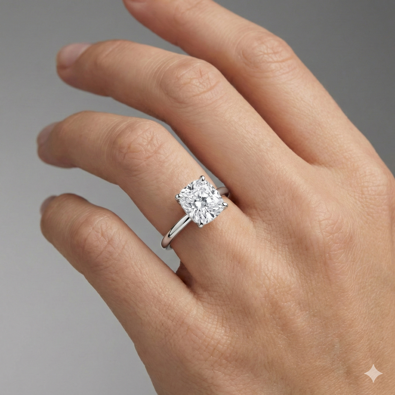Elongated cushion cut diamond engagement ring in 14k white gold with a plain band and solitaire setting on a hand