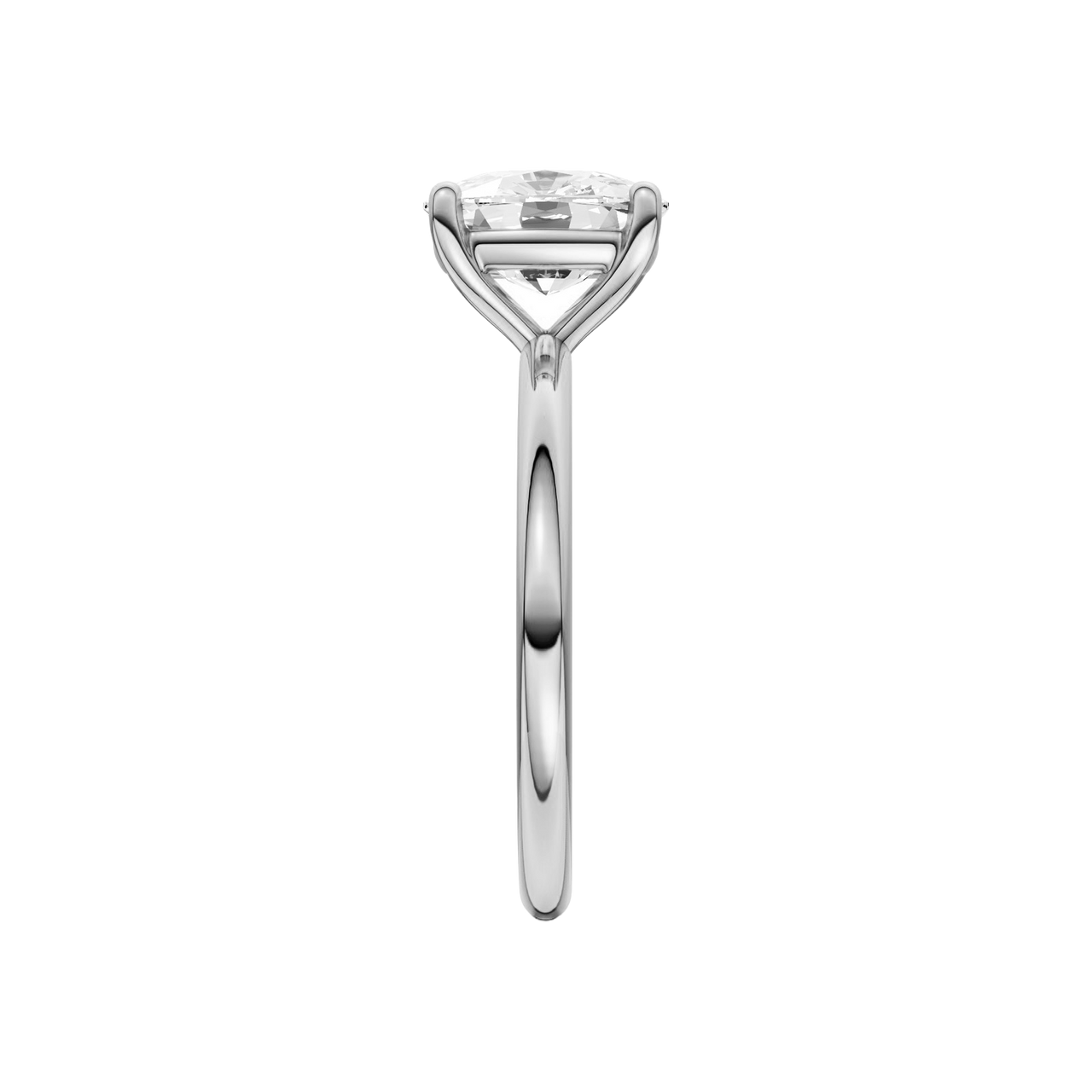 Side view of the Elongated cushion cut diamond engagement ring in 14k white gold with a plain band and solitaire setting