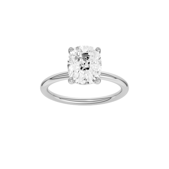 Front view of the Elongated cushion cut diamond engagement ring in 14k white gold with a plain band and solitaire setting