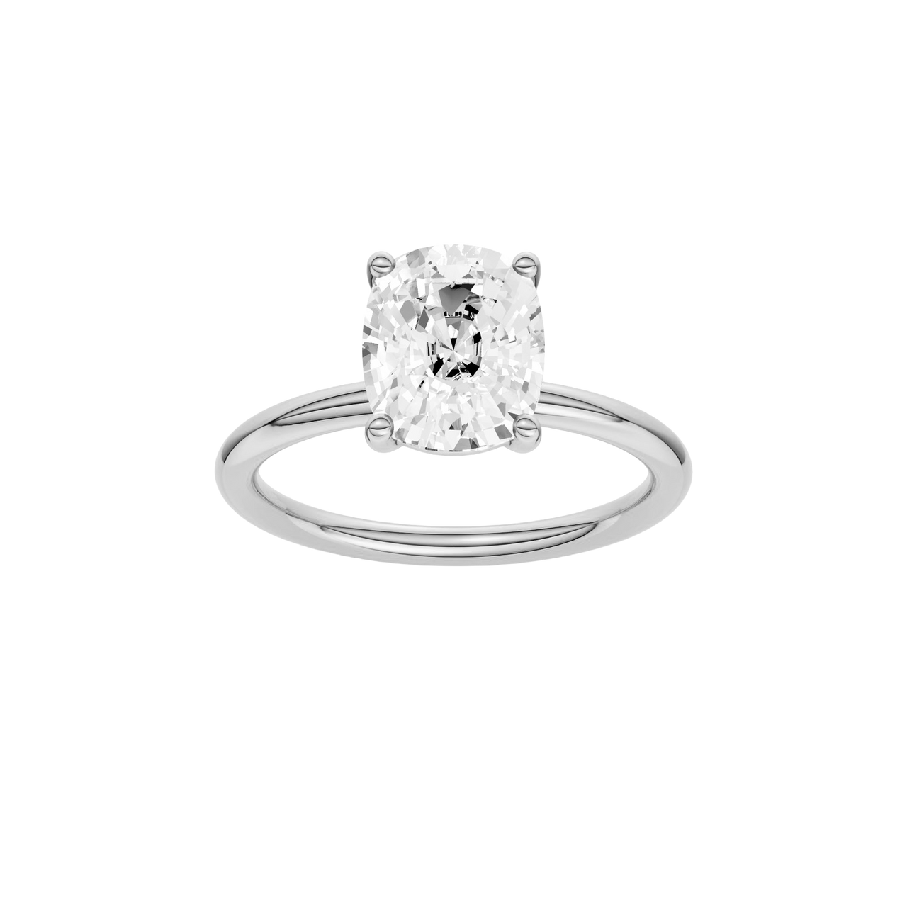 Front view of the Elongated cushion cut diamond engagement ring in 14k white gold with a plain band and solitaire setting