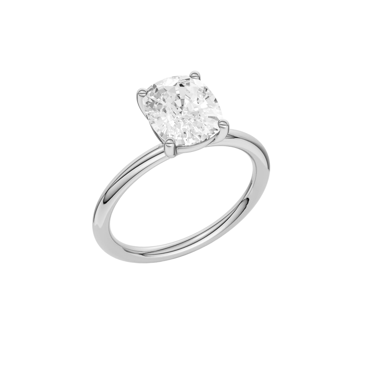 Angled view of the Elongated cushion cut diamond engagement ring in platinum with a plain band and solitaire setting