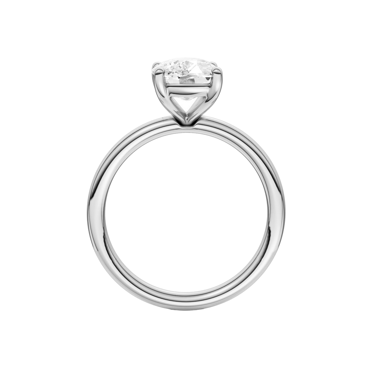 Profile view of the Elongated cushion cut diamond engagement ring in platinum with a plain band and solitaire setting