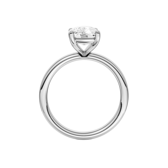 Profile view of the Elongated cushion cut diamond engagement ring in 14k white gold with a plain band and solitaire setting