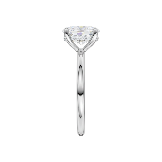 A side view of the Elongated cushion cut diamond engagement ring in platinum with a plain band and solitaire setting