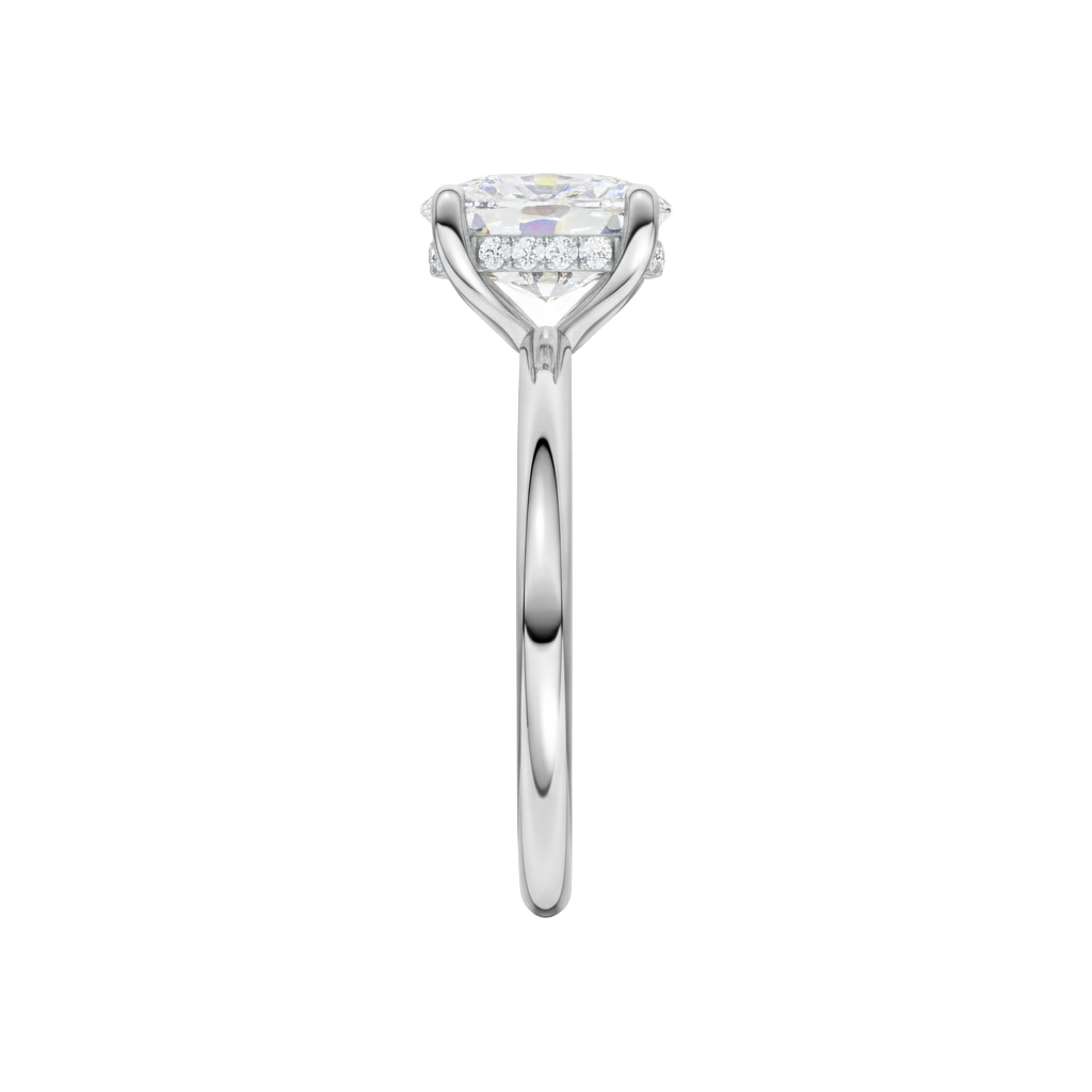 A side-on view of the white gold Provenance ring emphasizing its softly luminous take on minimalism and intentional, quietly luxe design.