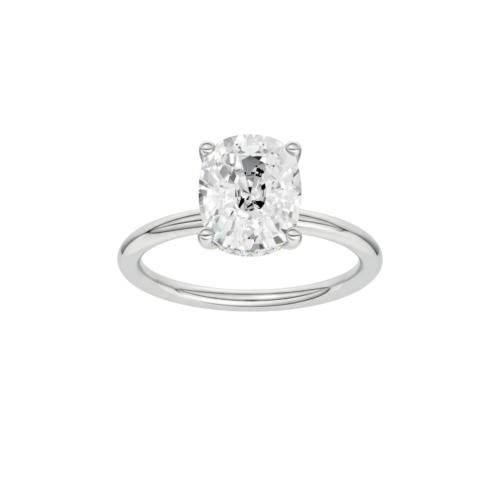 A front view of the elongated cushion-cut diamond on a clean, sculptural white gold band.