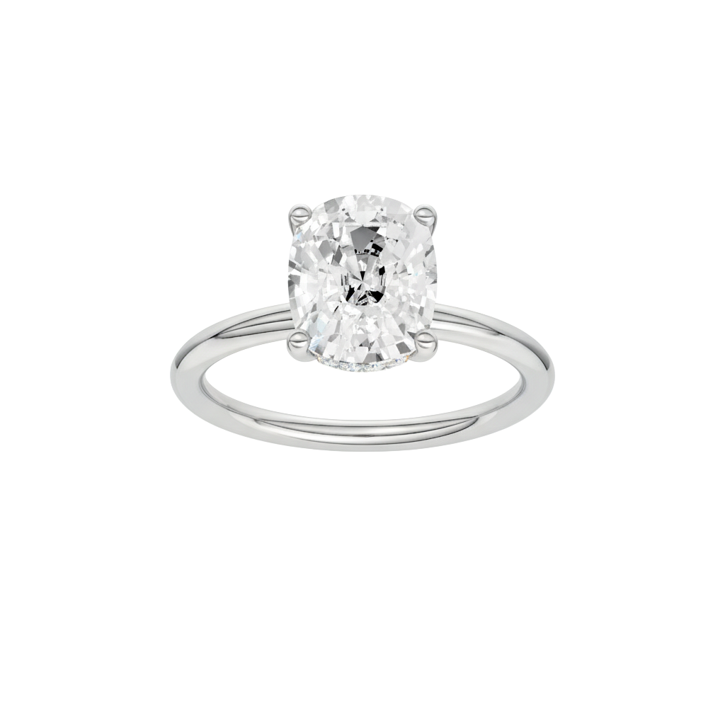 A front view of the Elongated cushion cut diamond engagement ring in platinum with a plain band and solitaire setting