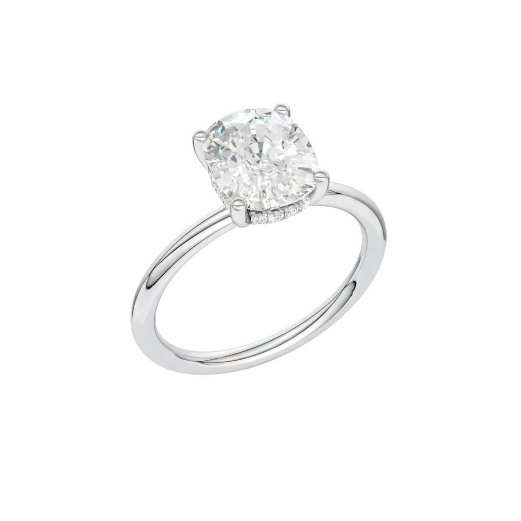 A three-quarter view of the Elongated cushion cut diamond engagement ring in platinum with a plain band and solitaire setting