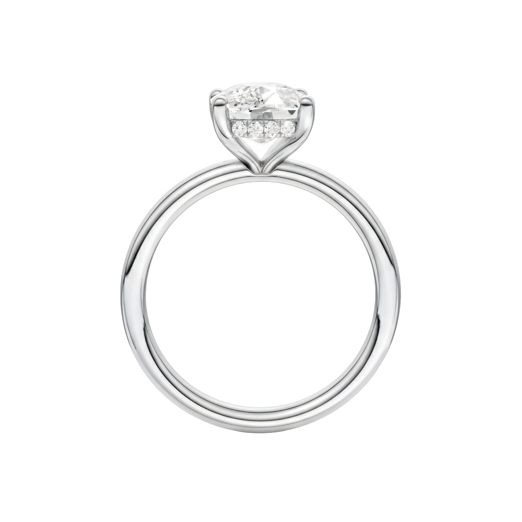 A profile view of the Elongated cushion cut diamond engagement ring in platinum with a plain band and solitaire setting