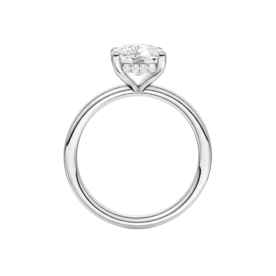 A direct profile shot highlighting the hidden halo tucked beneath the silhouette for a quiet wink of brilliance.