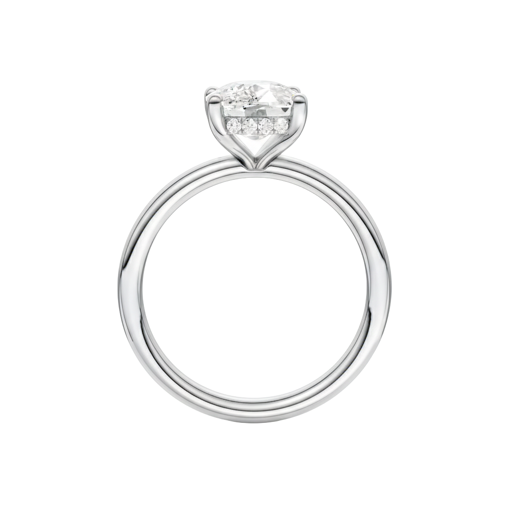 A direct profile shot highlighting the hidden halo tucked beneath the silhouette for a quiet wink of brilliance.