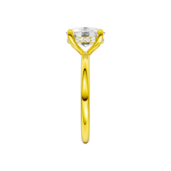 A side-on view of the yellow gold Provenance ring emphasizing its softly luminous take on minimalism and intentional, quietly luxe design.