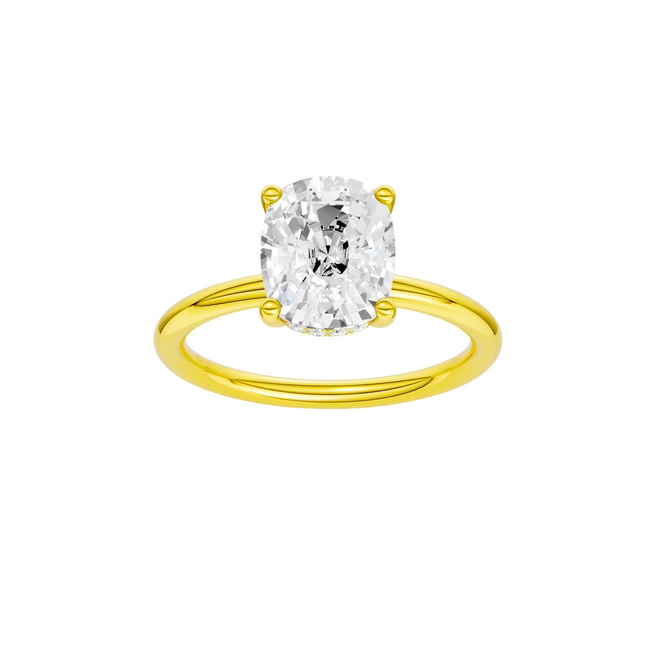 A front view of the elongated cushion-cut diamond on a clean, sculptural yellow gold band.