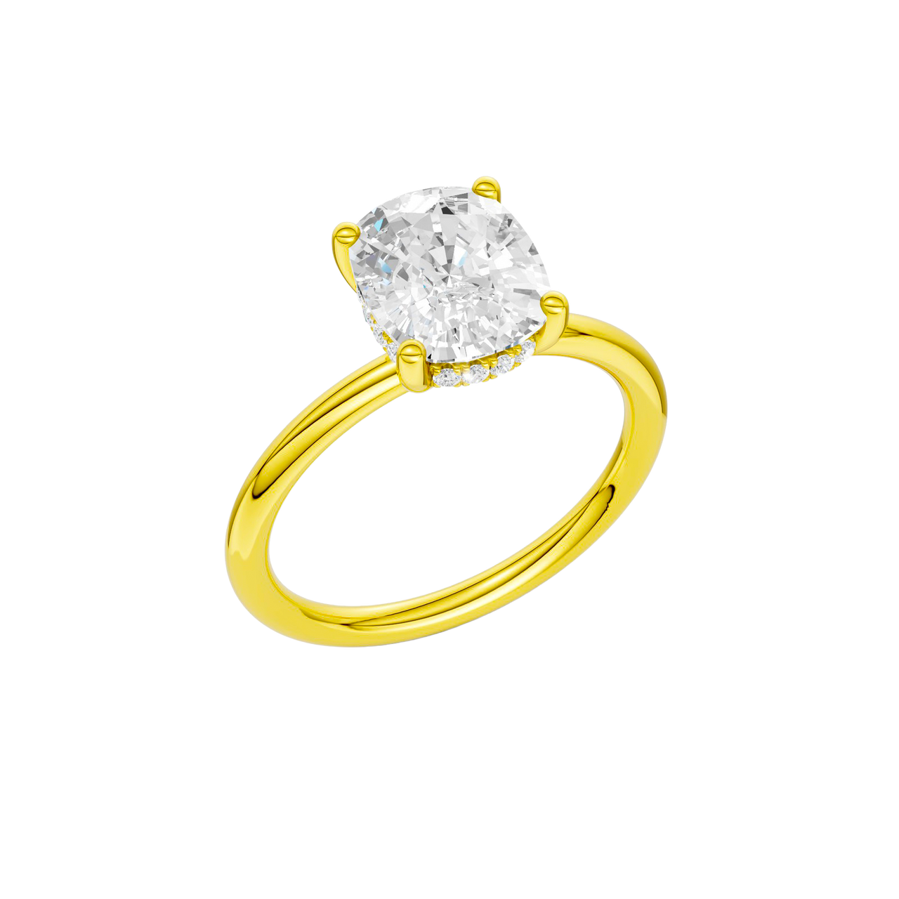 A three-quarter view of the yellow gold Provenance ring showing the hidden halo that brings a little secret shimmer beneath the center stone.