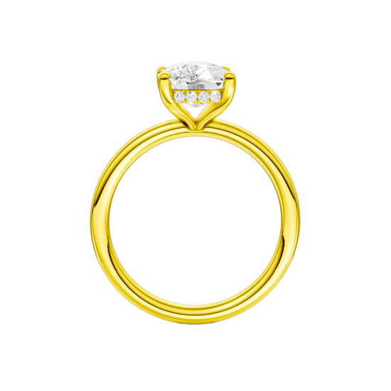 A direct profile shot highlighting the hidden halo tucked beneath the silhouette for a quiet wink of brilliance.