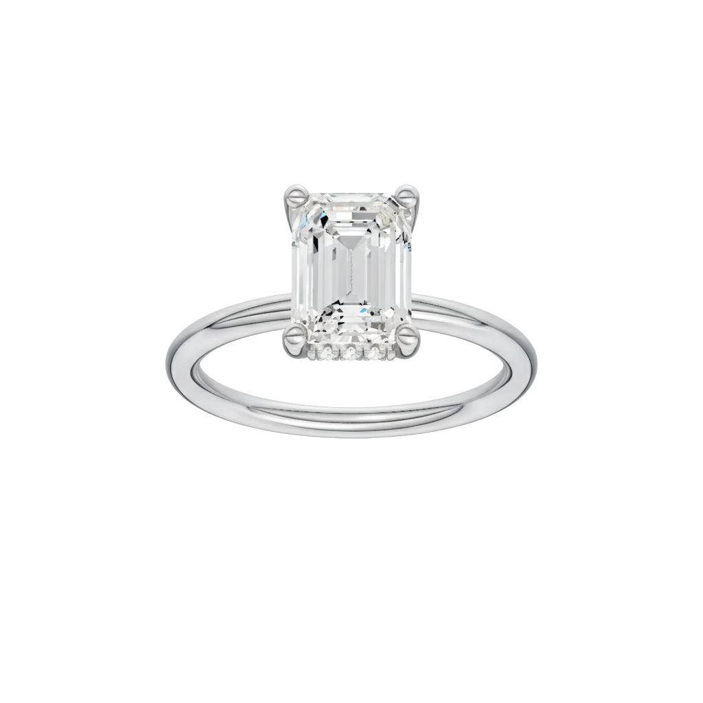 A front view of the Emerald cut diamond engagement ring in 14k white gold with a plain band and solitaire setting