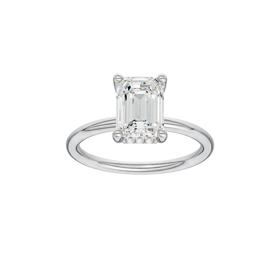 A front view of the Emerald cut diamond engagement ring in platinum with a plain band and solitaire setting