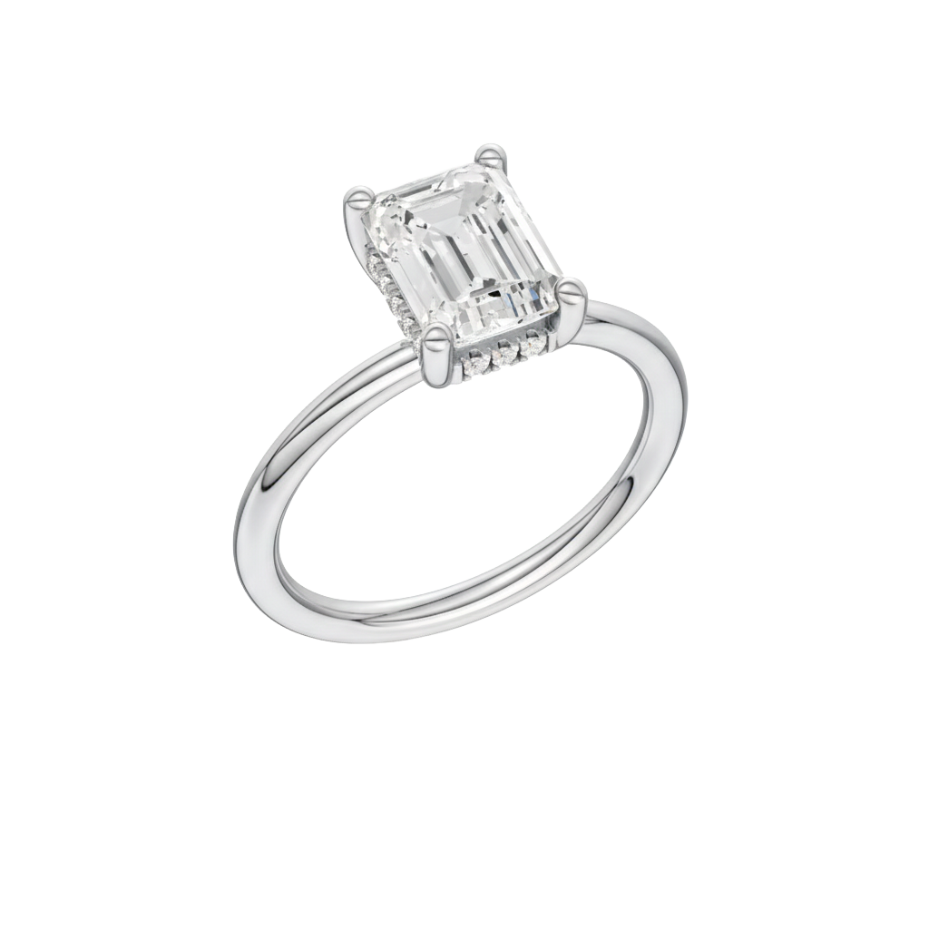 A three-quarter view of the Emerald cut diamond engagement ring in platinum with a plain band and solitaire setting