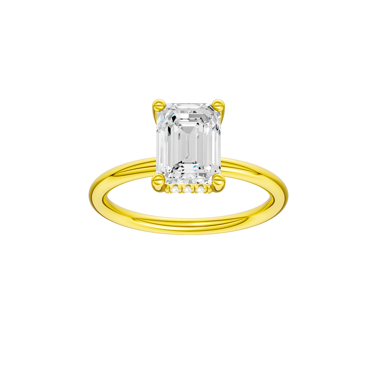 A front view of the Emerald cut diamond engagement ring in 14k yellow gold with a plain band and solitaire setting