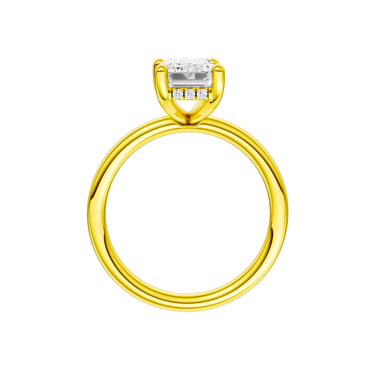 A profile view of the Emerald cut diamond engagement ring in 14k yellow gold with a plain band and solitaire setting