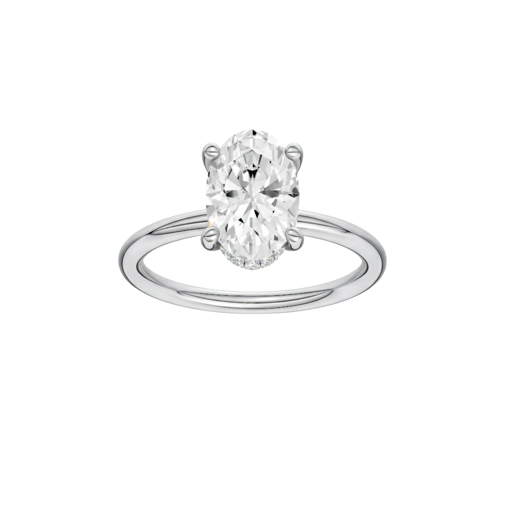 A front view of the Oval cut diamond engagement ring in platinum with a plain band and solitaire setting