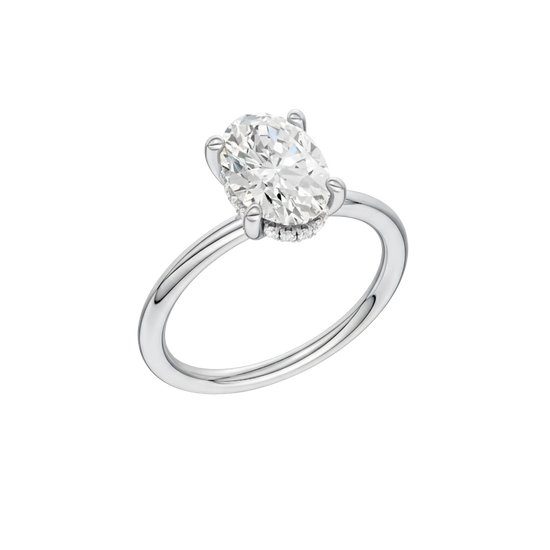 A three-quarter view of the Oval cut diamond engagement ring in 14k white gold with a plain band and solitaire setting