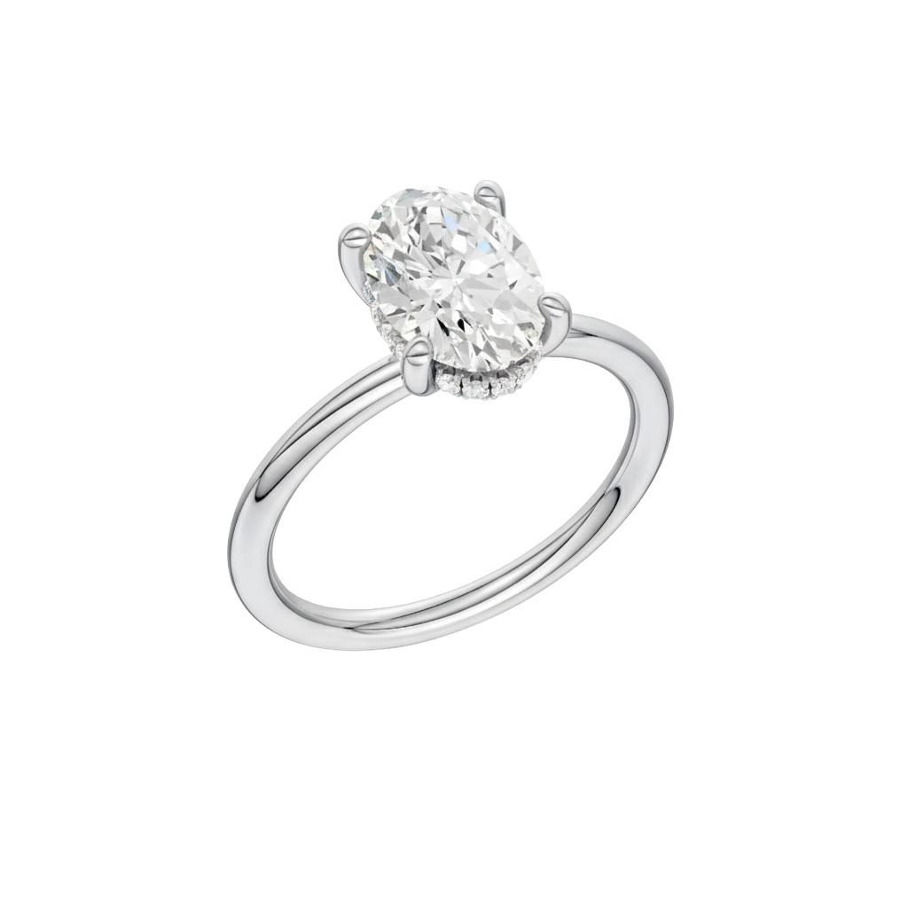 A three-quarter view of the Oval cut diamond engagement ring in 14k white gold with a plain band and solitaire setting