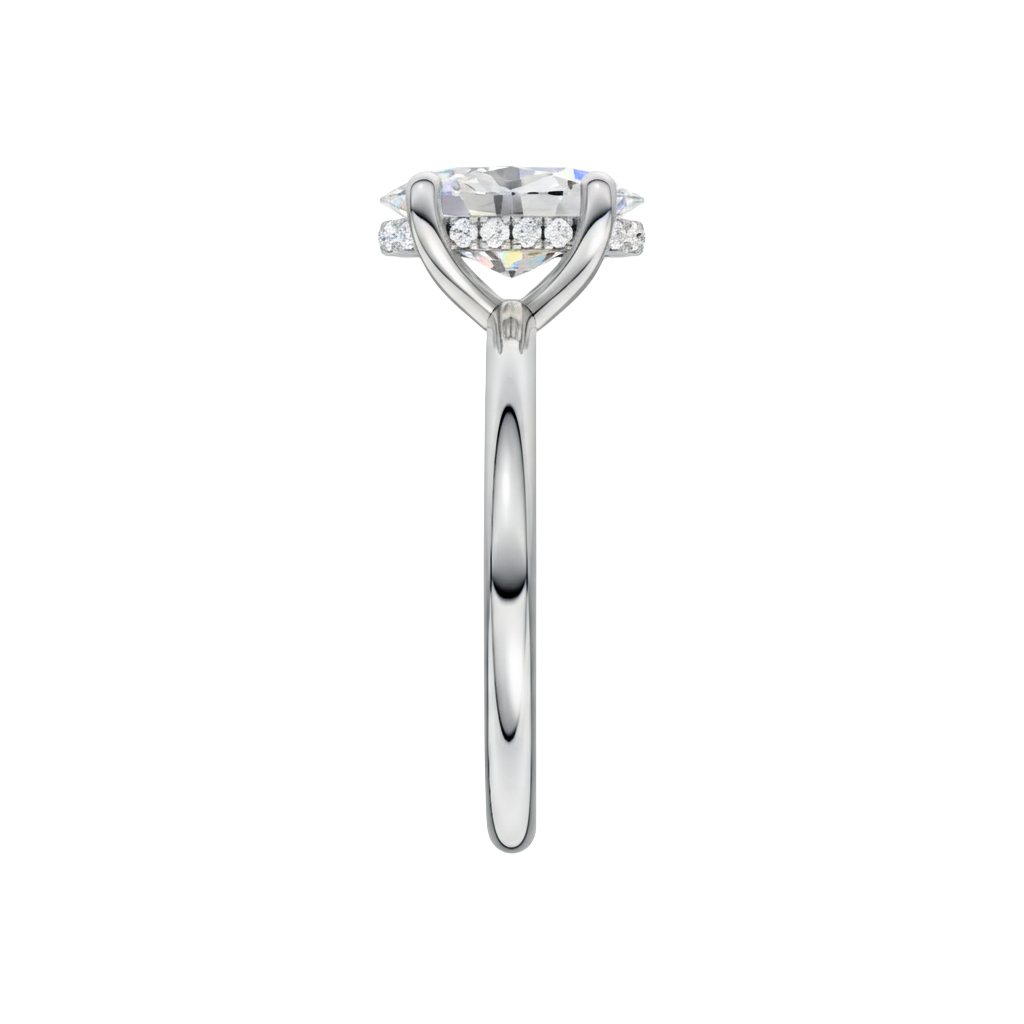 A side view of the Oval cut diamond engagement ring in 14k white gold with a plain band and solitaire setting