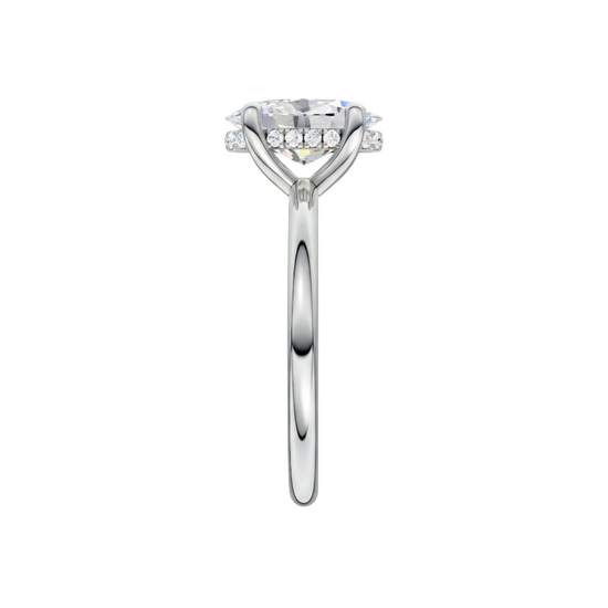 A side view of the Oval cut diamond engagement ring in platinum with a plain band and solitaire setting