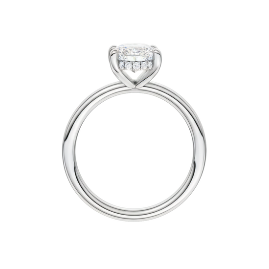 A profile view of the Oval cut diamond engagement ring in platinum with a plain band and solitaire setting