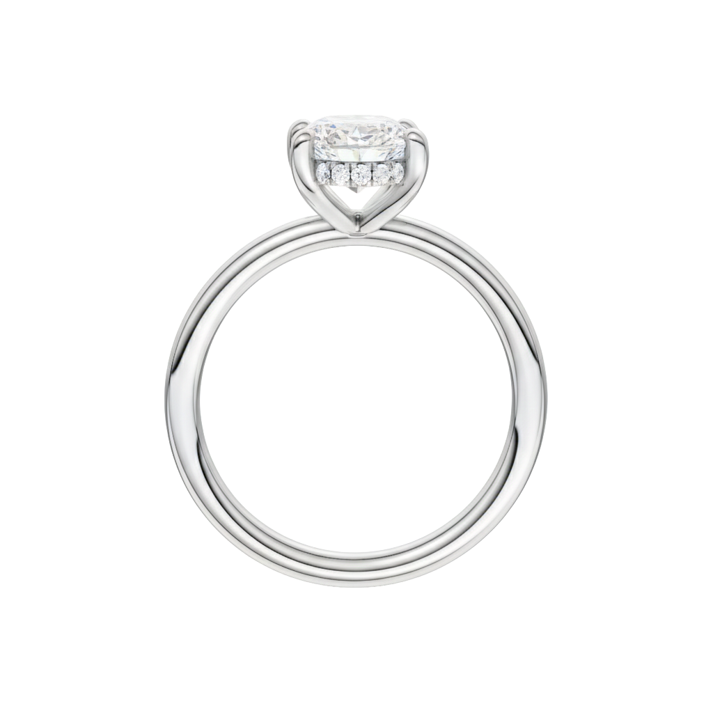 A profile view of the Oval cut diamond engagement ring in platinum with a plain band and solitaire setting