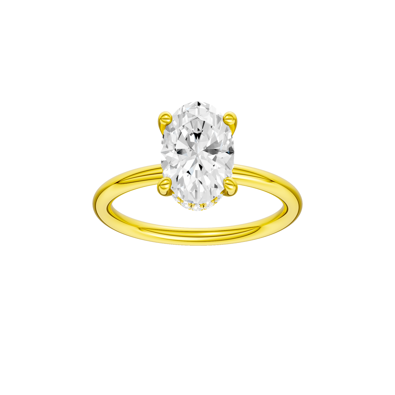 A front view of the Oval cut diamond engagement ring in 14k yellow gold with a plain band and solitaire setting