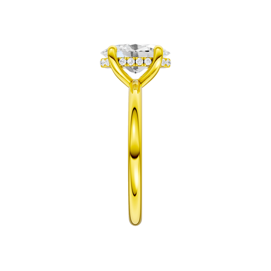 A side view of the Oval cut diamond engagement ring in 14k yellow gold with a plain band and solitaire setting