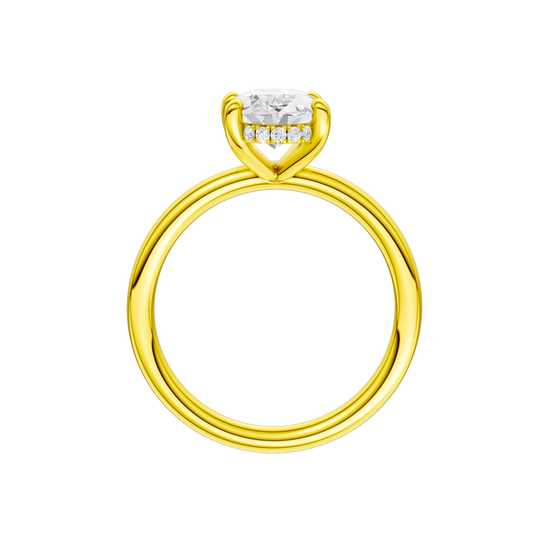 A profile view of the Oval cut diamond engagement ring in 14k yellow gold with a plain band and solitaire setting