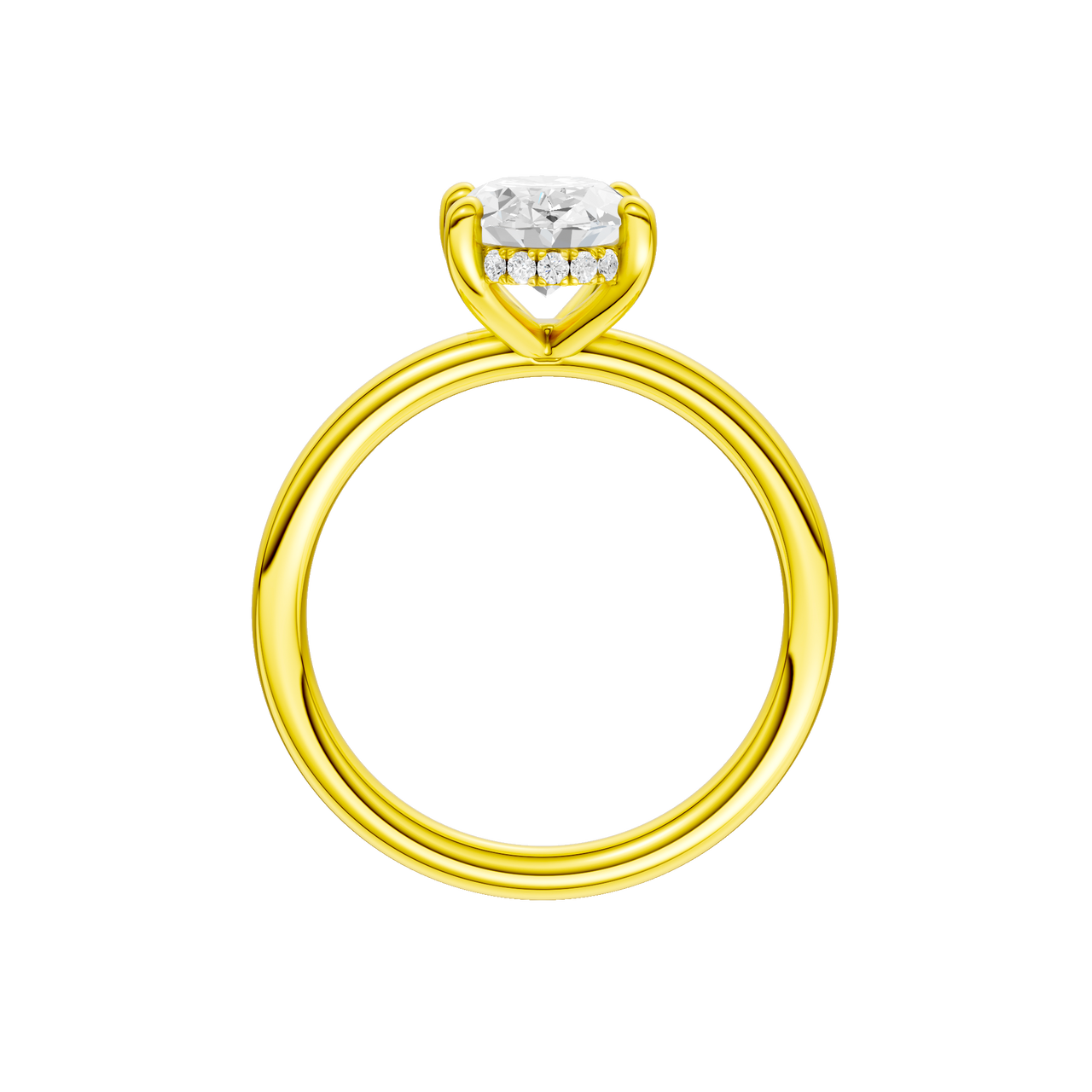 A profile view of the Oval cut diamond engagement ring in 14k yellow gold with a plain band and solitaire setting