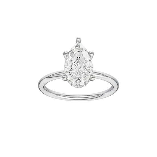 A front view of the Pear cut diamond engagement ring in 14k white gold with a plain band and solitaire setting